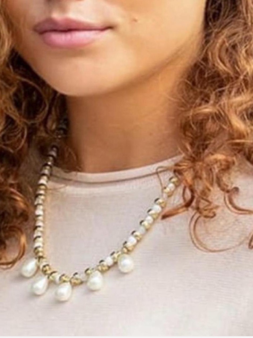 Plunder Design Gold Beaded 16”
Necklace with Teardrop Pearl Dangles